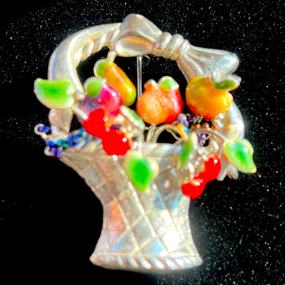 Vintage Fruit Basket Brooch Pin Silver Tone Enamel RARE Unsigned EUC